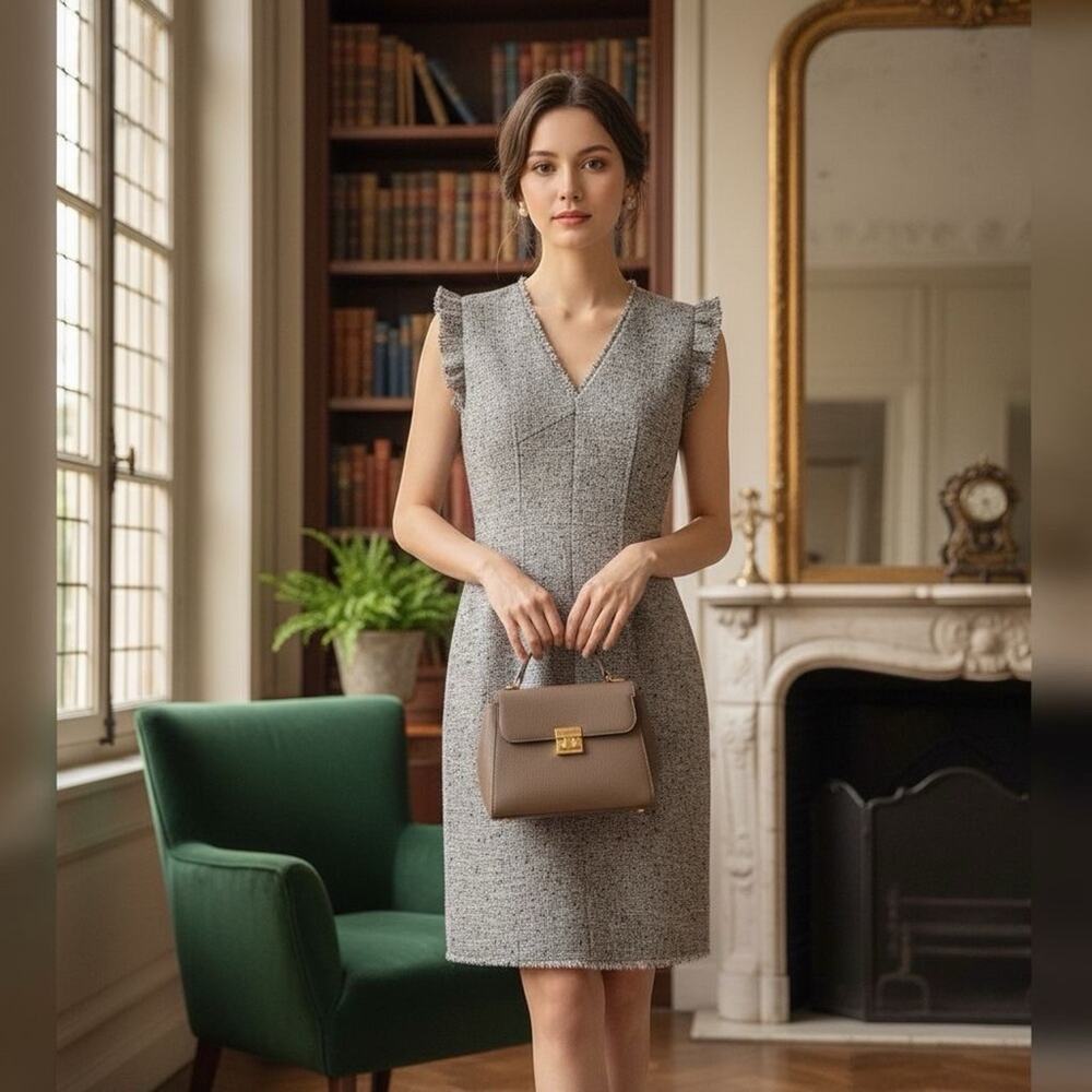 REBECCA TAYLOR TAILORED Black White Tweed Sheath Dress Sleeveless Office Career